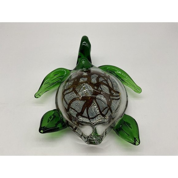 Italian Art Glass Sea Turtle Green Marbled Paperweight Gold Brown Marine - Picture 11 of 16